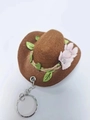 Miniature brown felt cowboy hat keychain with green leaves and pink flowers detail - Brown Hat + Pink Flower
