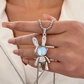 Y2K punk style space bunny necklace featuring a moonstone head and silver box chain - Alloy Space Rabbit Rainbow Pendant Necklace (11166)