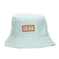 Unisex light blue bucket hat with a rectangular smiley face patch and stitched brim - Light Green