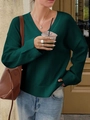Women's dark green V-neck long sleeve knit sweater for autumn and winter casual fashion wear - XS / Dark Green