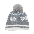 Detailed view of winter knit beanie featuring snowflake jacquard and grey faux fur pom-pom - M (56-58cm) / Gray