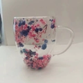 Double-wall borosilicate glass mug with pink and blue dried flowers and a handle - 350ml-Pink and Blue Dried Petals