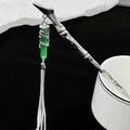 Silver bamboo-style hair stick with green dragon pendant and long metal tassel - F0555 Dragon Pattern