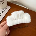 Plush white faux fur hair claw clip for women, soft 11cm rectangular winter hair accessory - Pure White Plush Hair Claw 11cm