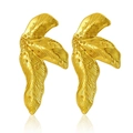 Polished gold feather earrings in stainless steel with textured leaf design detail - Vintage Grainy Feather Leaf