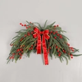 Detailed view of Christmas swag with pine needles, red berries, and a golden-edged red bow - Pine Needle Red Berry Swag (Without Light)