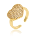Gold plated heart open ring with micro-paved cubic zirconia on white background - Adjustable Open / Heart-shaped Pave Style (J1492)