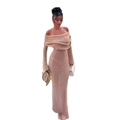 Champagne off-shoulder knitted maxi dress with shimmering glitter finish and long sleeves - XS / Camel