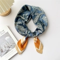 Square silk scarf with dark blue paisley pattern and mustard yellow borders - Orange Blue Paisley