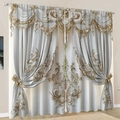 Silver grey European curtains with gold floral embroidery and matching valance - Silver Grey Gold Embroidery