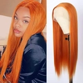 Long straight orange synthetic lace front wig with middle part for women style - Orange