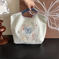 Sac fourre-tout en Oxford blanc cassé brodé avec poignées bleues et motifs de papillons - Style Spécimen Gris