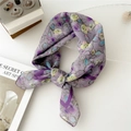 Floral cotton linen square scarf in purple hue tied in an elegant knot for styling - 55cm / Purple Frame Purple Flower