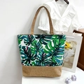 Linen style tote bag with tropical Monstera leaf prints and large capacity handles - Green Blue Purple Leaf