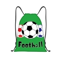 Detailed view of green soccer drawstring bag with football print and black ropes - Green Soccer with Football Text (jiayingskd76)