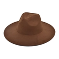 Detail of a dark brown wide-brimmed wool felt fedora hat with a classic pinched crown - M (56-58cm) / Coffee