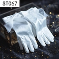 Detailed view of white satin bridal gloves featuring a large bow on a vintage glass box - Medium Long White Satin Large Bowknot (ST067)