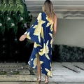 Dunkelblaues Off-Shoulder-Maxikleid mit Blumenmuster für Sommer- und Resort-Anlässe - S / Dunkelblau Gelb Blumig