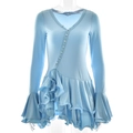 Detalle de vestido azul claro con mangas de campana, dobladillo con volantes y botones - S / Azul