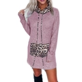 Mauve coltrui gebreide jurk met lange mouwen en luipaardprint zakken voor dames - S / Dresses / Rood