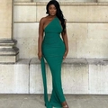 Detail of dark green one-shoulder evening dress with slimming fit and elastic fabric - XS / Green