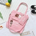 Pink canvas multi-functional tote bag set with cartoon bear print and bear charm accessory - Wow Bear (With Pencil Case And Pendant) / Pink