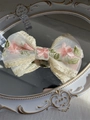 Lace embroidery bow hair clip with pink flowers and green leaves on cream mesh - Small - Pink Lotus