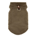 Detailed view of green lamb velvet pet harness with leather handle and metal D-ring attachment - Coffee