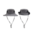 Detail of grey outdoor sun hat with side mesh vents and embroidered mountain logo - Gray