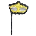 Masquerade hand-held party mask featuring yellow sequins and black lace lace trim - Dragon Sequin Handheld Style / Yellow