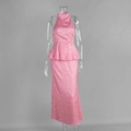 Detail of pink floral satin maxi set showing halter neck and peplum bubble hem design - S / Pink