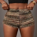 Macro detail of textured fuzzy knit shorts in olive and brown earth tone stripes - S / Green Fuzzy Shorts (Single)