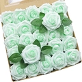 Box of 25 mint green artificial foam roses with leaves for home decoration and gifts - Light Green