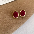 Gold-rimmed deep red velvet pearl earrings displayed on a warm brown wool fabric - Metal Frame Velvet Oval Earrings (45#) / Gold+Red