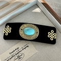 Vintage velvet hair clip featuring green turquoise and gold knot metalwork - Gold Chinese Knot Turquoise Clip