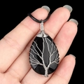 Pendente albero della vita in agata nera a goccia avvolto in filo d'argento - Ossidiana