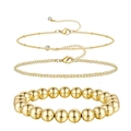 Three-piece golden layered bracelet set with beads, flat chain, and zircon pendant - Golden Large Bead, Flat and Zirconia Fine Chain Set