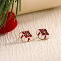 Christmas gift box stud earrings with red ribbon and enamel details in gold finish - Striped Gift Box (EAR0043)