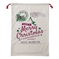Canvas Christmas drawstring gift bag with Merry Christmas print and name area - 49*68CM, HK-145 (Holly Leaves & Stamp)