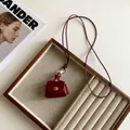 Miniature deep red leather handbag pendant with vintage gold buckle and slim lanyard - 8# Necklace-Wine Red