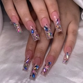 Long coffin press-on nails in nude pink with iridescent rhinestones and glitter crystals - Bz1851 Colorful / Jelly Glue + Nail File