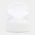 Close-up of white ribbed knit beanie detail showing soft texture and premium stitching - White