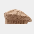 Close-up of beige cable knit pattern and ribbed edge on a warm winter beret hat - One Size / Khaki