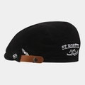 Detail of vintage black canvas cap featuring white ST. MORITZ embroidery and leather strap - Adjustable / Black