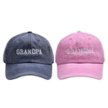 Detail of Grandma and Grandpa embroidery on washed cotton navy and pink baseball caps - GRANDPA & GRANDMA (2 Pcs Set) / Navy + Pink