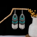 Bohemian silver earrings with blue enamel, teardrop frame, and feather fringe tassels - Silver + Multi Beads + Drop Tassel (E5817)