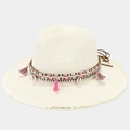 Sombrero de paja bohemio blanco roto con borlas de colores, conchas y ala ancha deshilachada - Talla única / Marfil