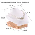 Small horizontal white microfiber necklace bust display with light wood base stand - Small Horizontal Square Model White PU Leather