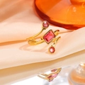 Adjustable gold titanium steel ring featuring a large pink rectangular gemstone and crystals - Square Pink Stone Style (JZ26-1)