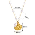 Golden starfish and shell necklace with pearls on white background and dimensions - Starfish Shell Pearl Necklace N07035
